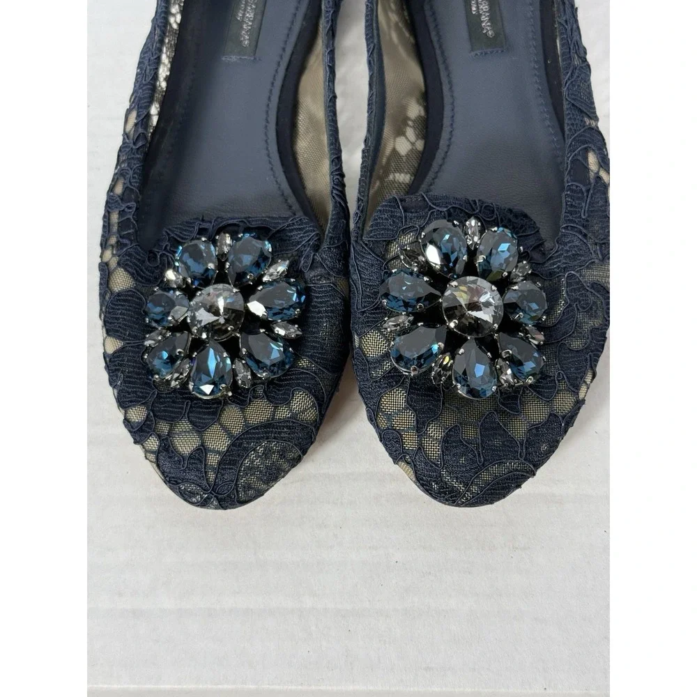 Dolce & Gabbana Navy Lace Embellished Flats